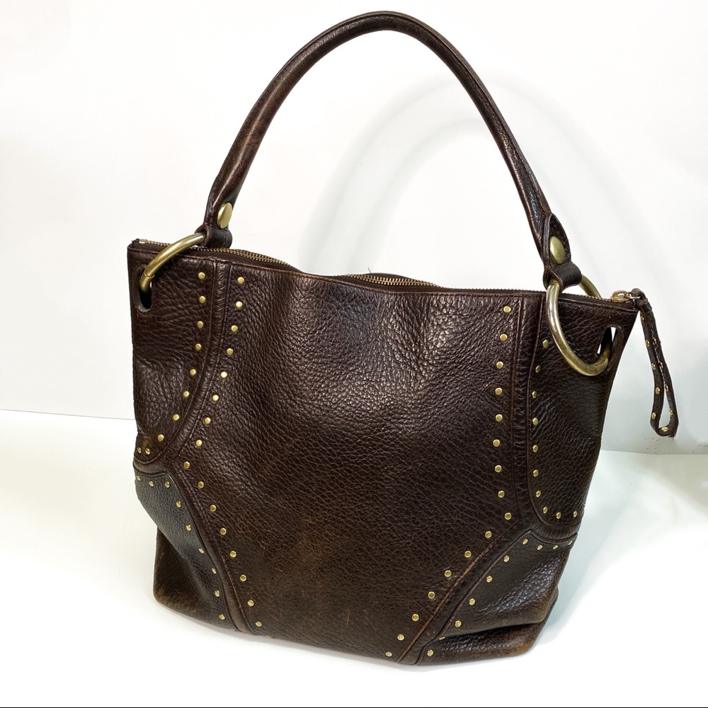 KENNETH COLE New York Brown Pebble Leather Studded large Shoulder Bag